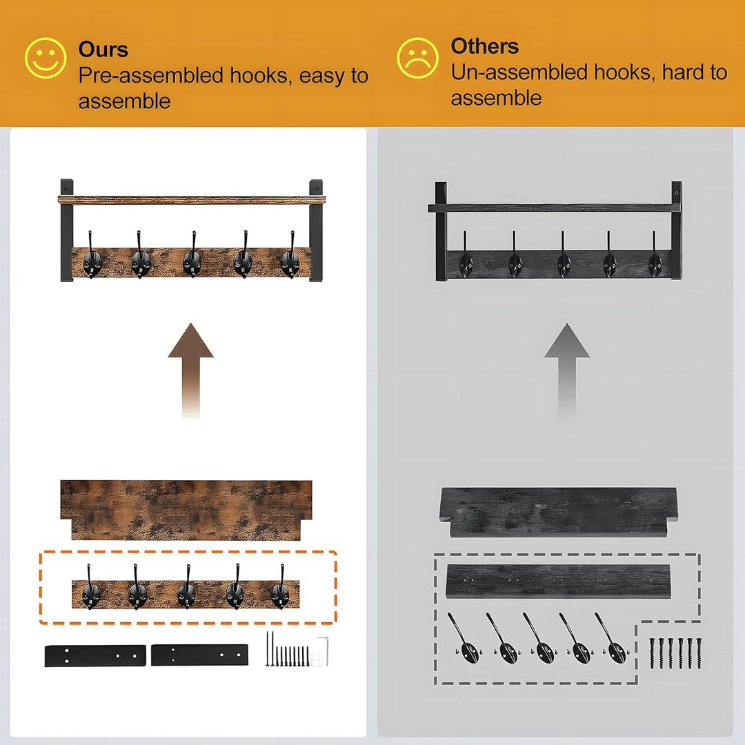 View of a wall mounted coat rack with a spacious top shelf and five dark metal hooks, ideal for small spaces