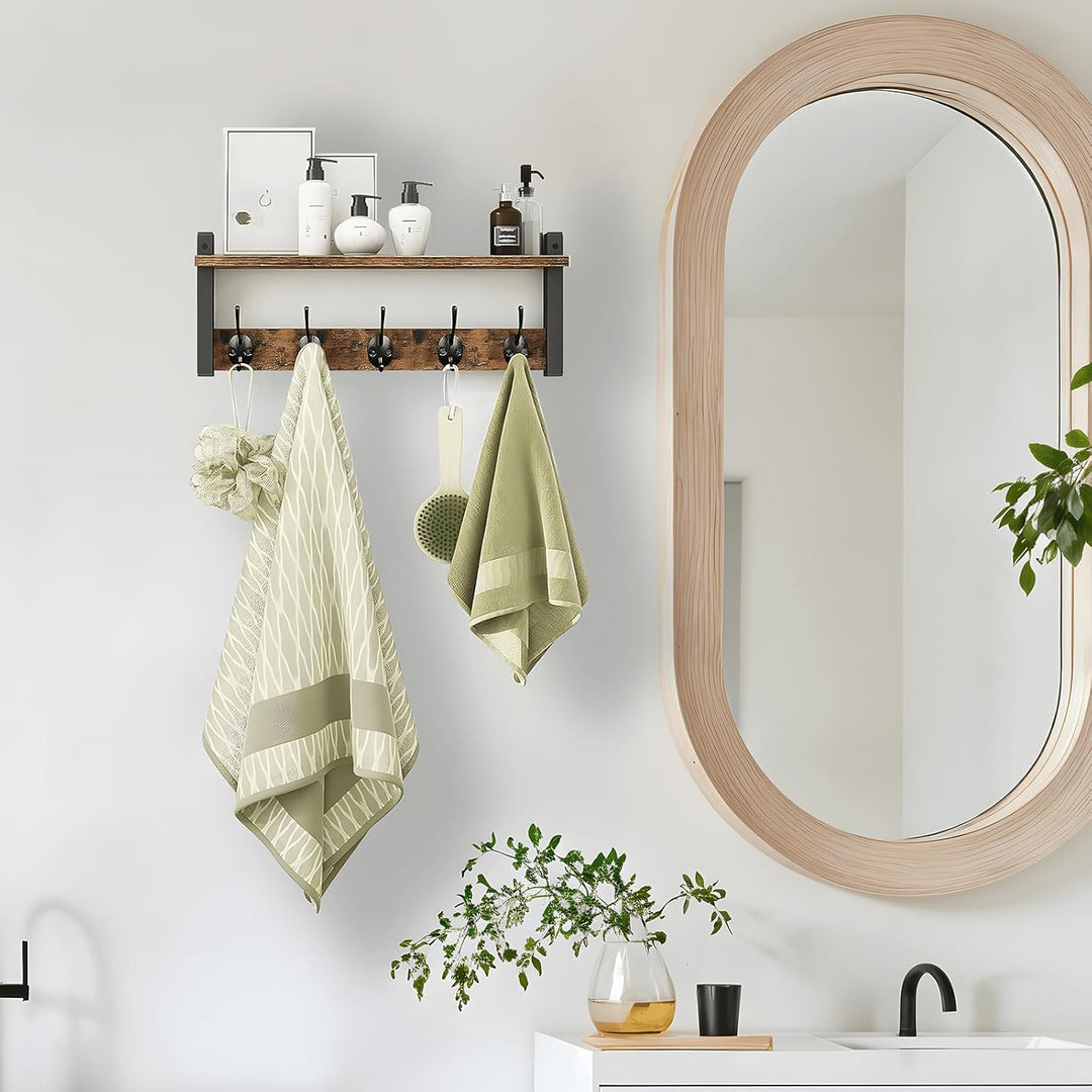 Entryway decor: wooden wall coat rack with storage shelf and five elegant metal hooks for hanging essentials