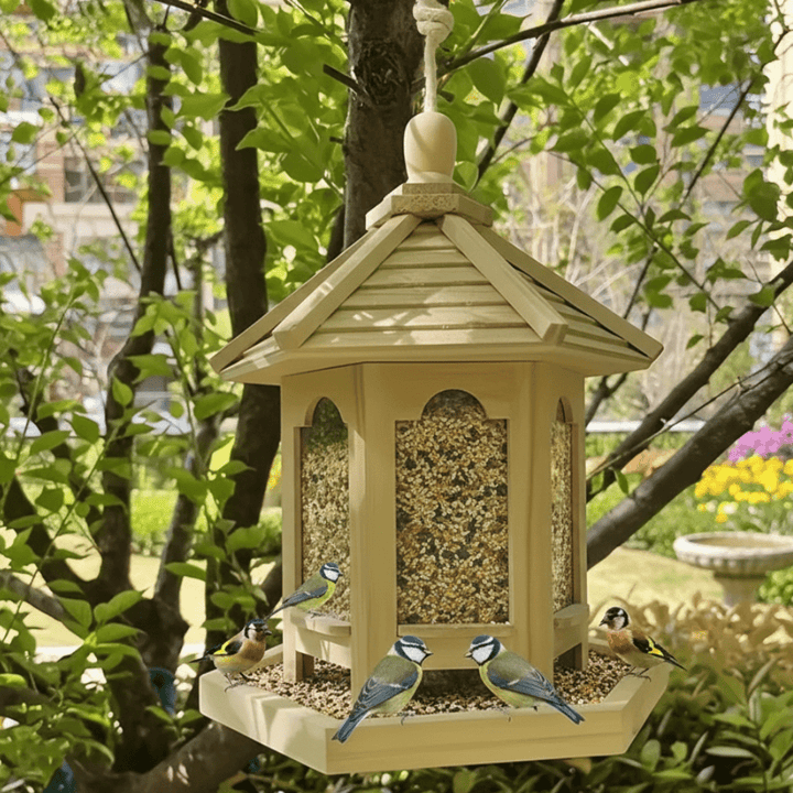 Rustic wooden birdhouse with integrated water system & feeder, perfect for garden wildlife & outdoor decor.