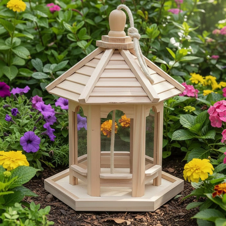 Handmade rustic wood birdhouse & birdbath, ideal garden decor for attracting birds and nature lovers.