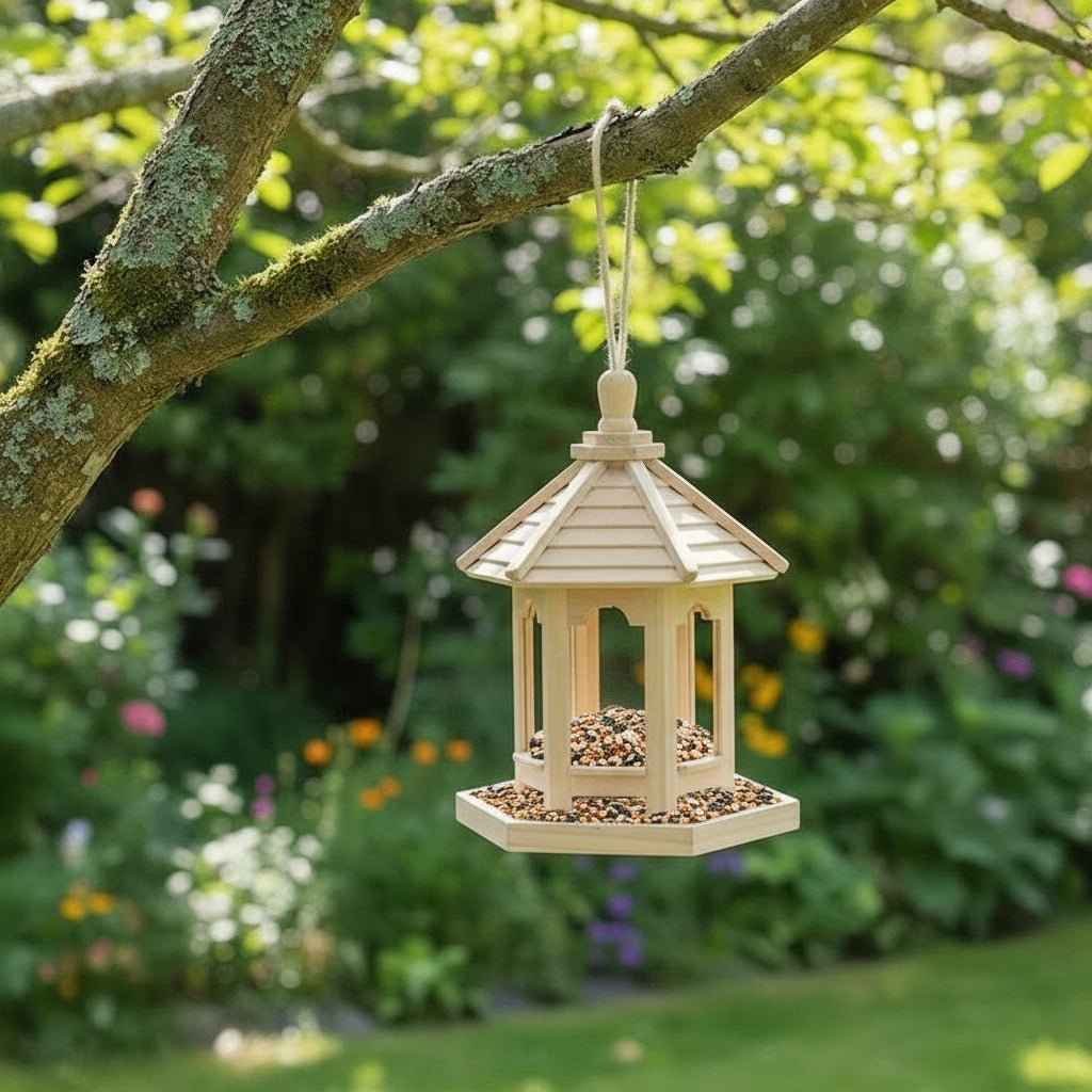 Charming rustic wooden birdhouse for gardens, featuring a built-in birdbath for local wildlife.
