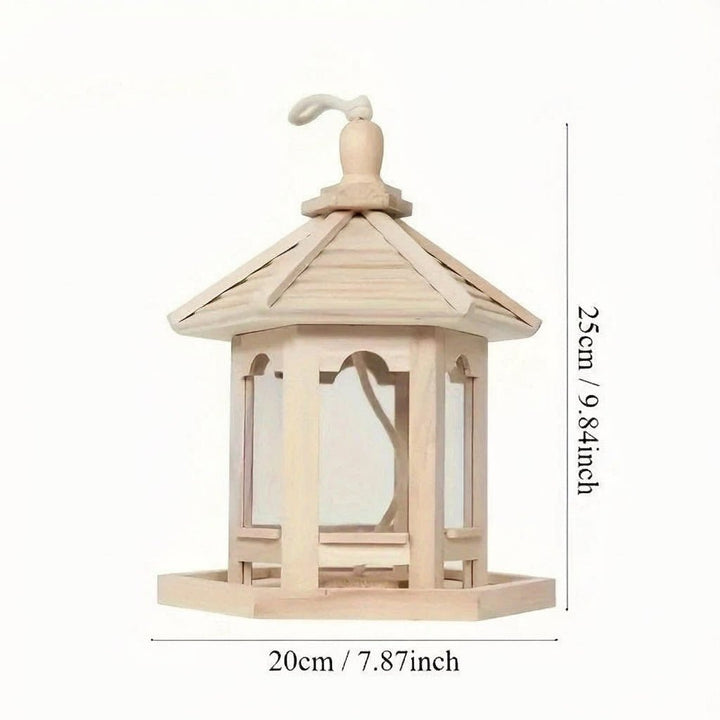 Outdoor rustic wooden birdhouse with integrated water source, a delightful addition to any garden.