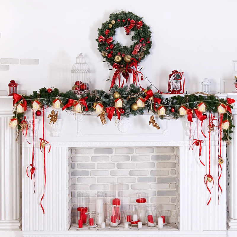 Festive wooden Christmas house, illuminated by LED lights, ideal for a cozy home decoration.