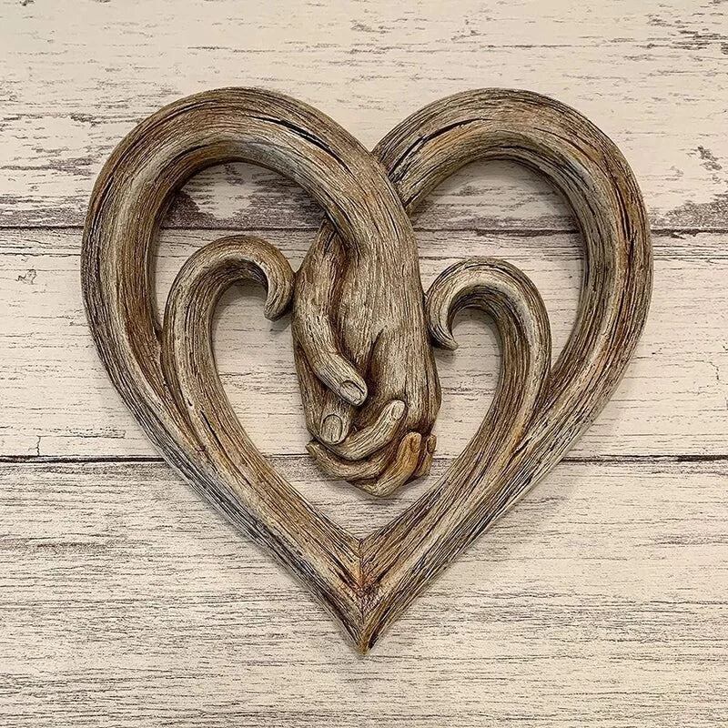 Rustic wooden heart hands wall art, symbolizing eternal love. Natural wood decor, perfect couples gift or anniversary.