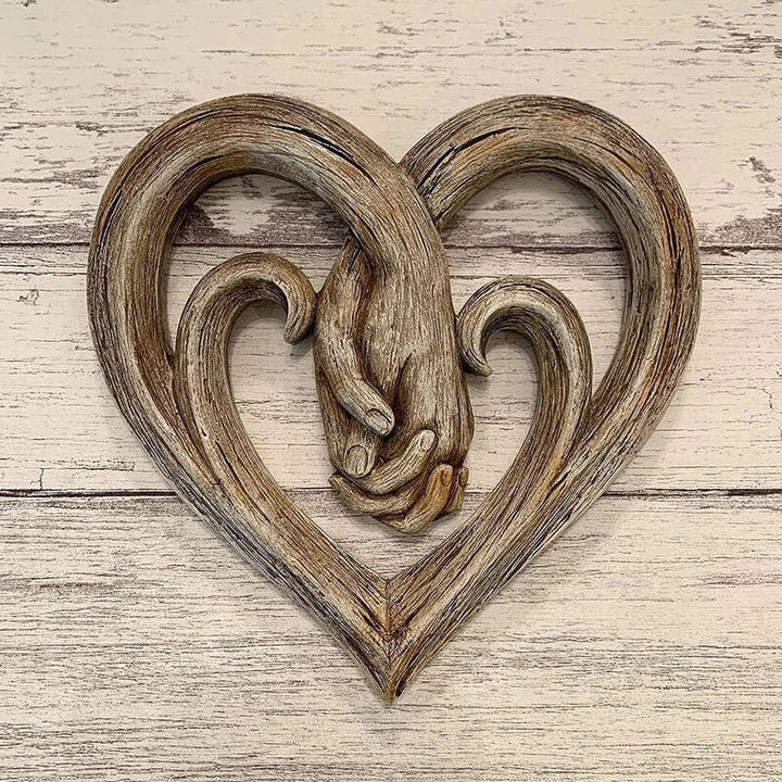Rustic wooden heart hands wall art, symbolizing eternal love. Natural wood decor, perfect couples gift or anniversary.
