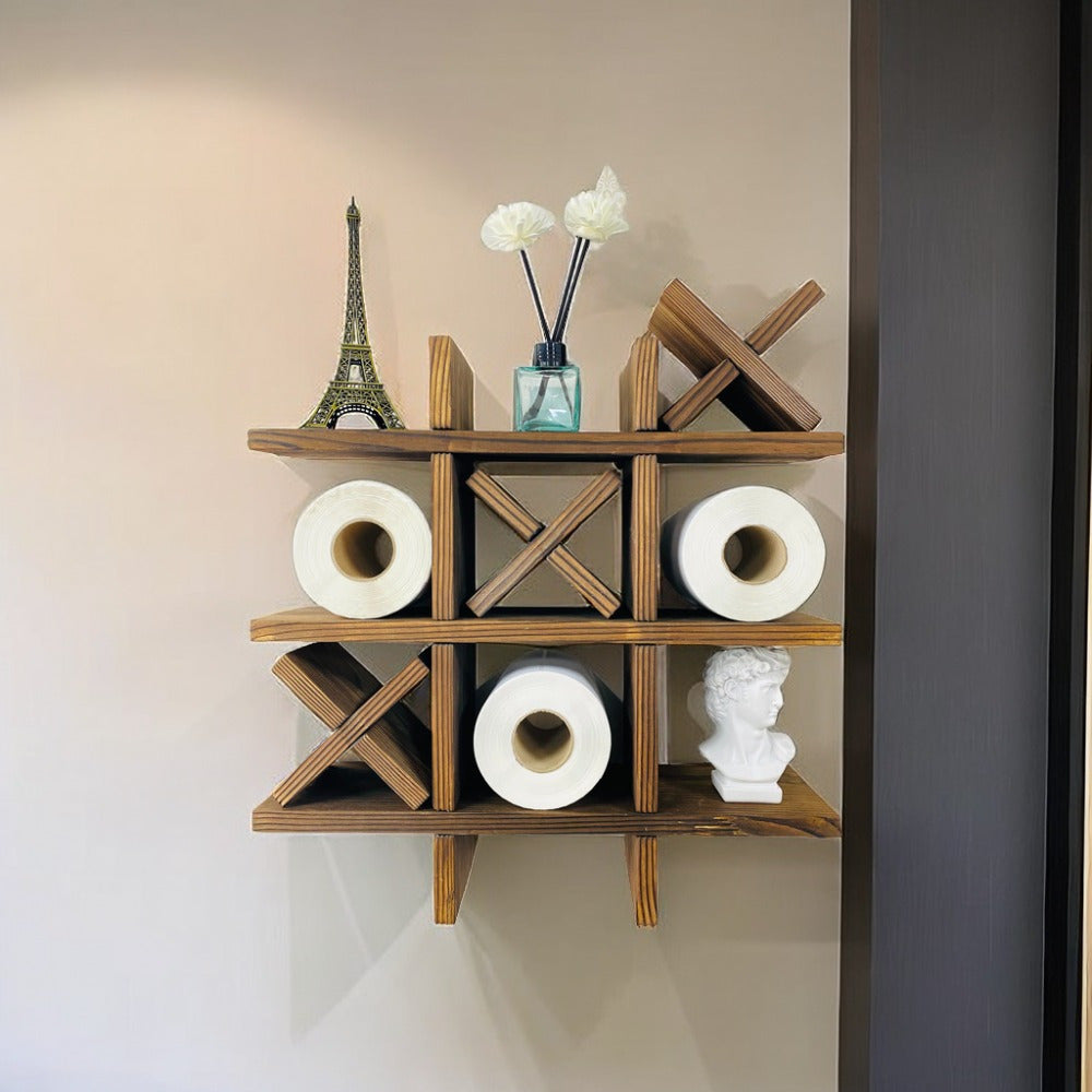 Close-up of PineGrid wooden wall-mounted storage shelf, showcasing its rustic charm