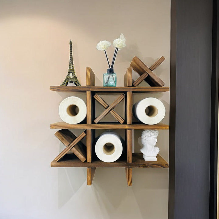 Close-up of PineGrid wooden wall-mounted storage shelf, showcasing its rustic charm