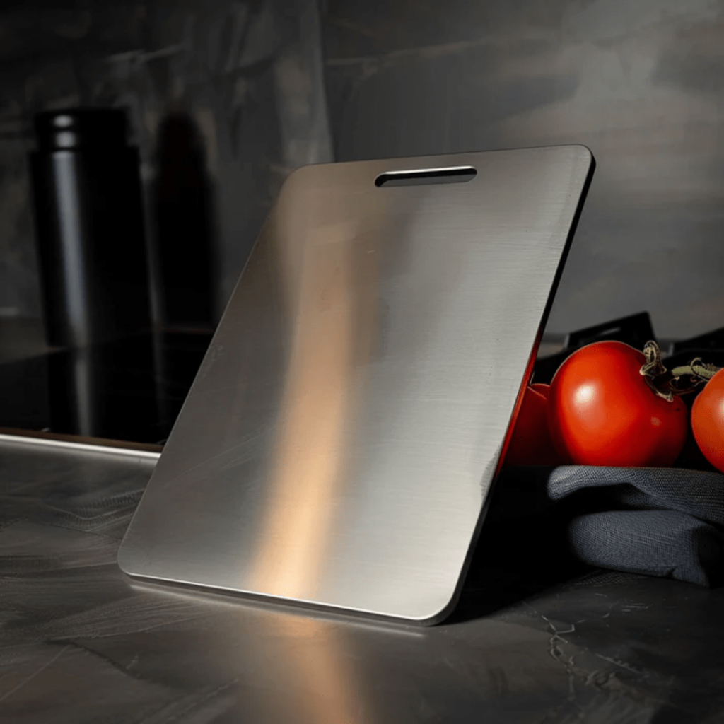 Rustproof stainless steel cutting board for hygienic kitchen food prep. Durable, odor-neutral chopping surface.