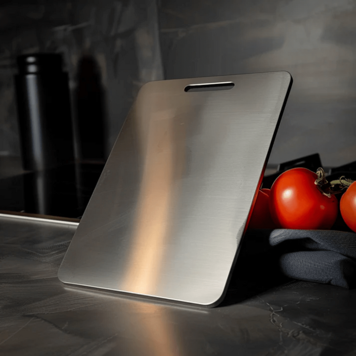Rustproof stainless steel cutting board for hygienic kitchen food prep. Durable, odor-neutral chopping surface.