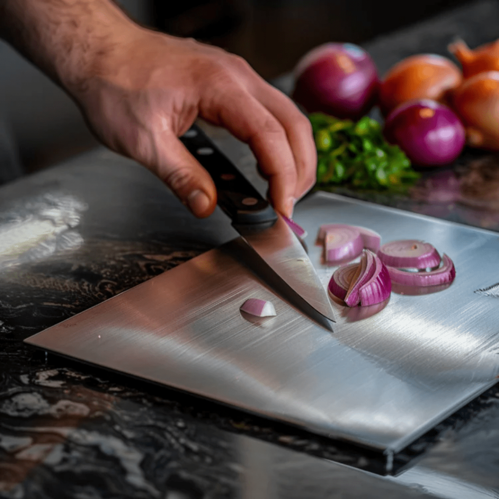 Hygienic stainless steel cutting board, odor-neutral & rustproof for safe food preparation in modern kitchens.