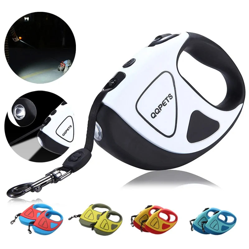 Pet's retractable leash featuring LED illumination, ensuring safety on evening dog walks.