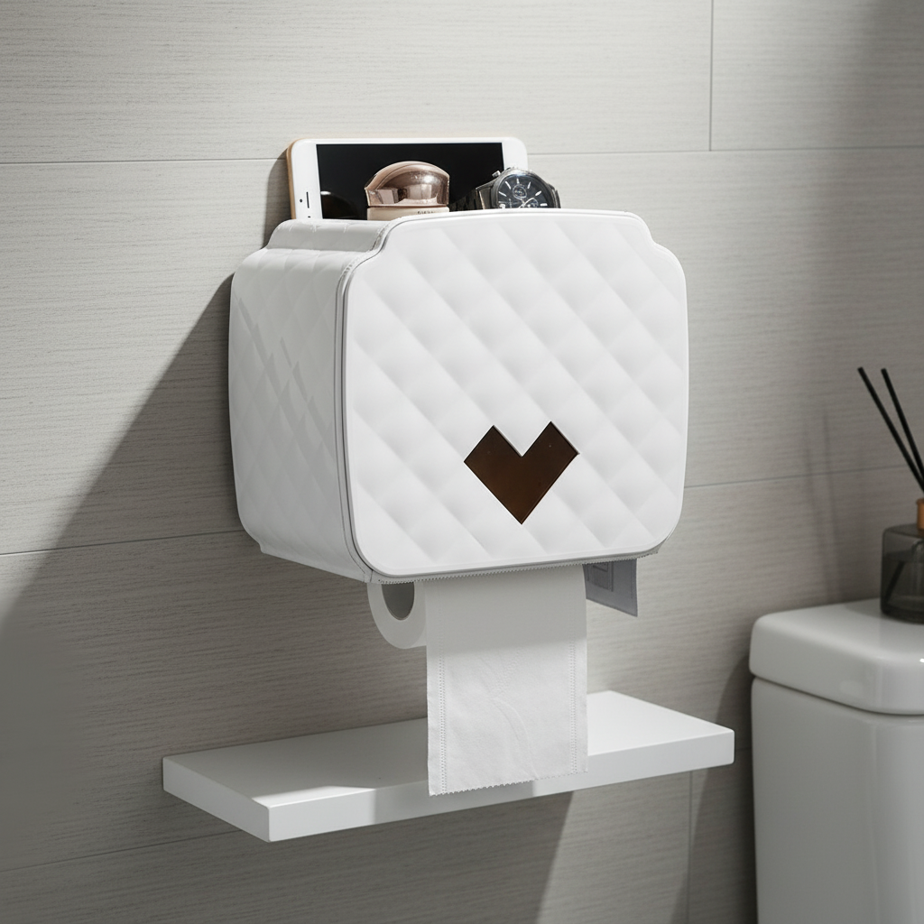 SafeRoller waterproof toilet paper dispenser with shelf, wall-mounted for bathroom organization.