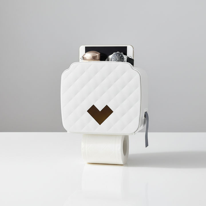 Unisex plastic toilet roll holder with storage shelf, rust-resistant and waterproof design.
