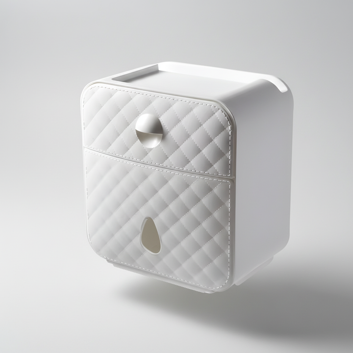 SafeRoller bathroom storage solution: wall-mounted, waterproof toilet paper dispenser with shelf.