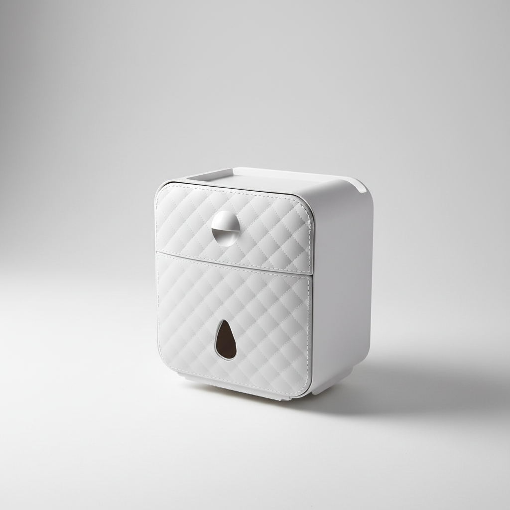 Durable plastic toilet paper dispenser with integrated shelf, perfect for bathroom organization.