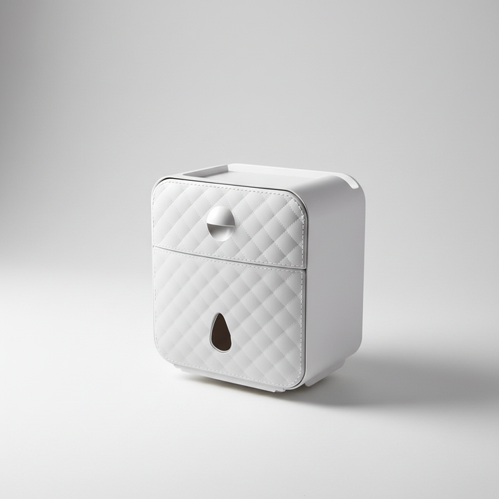 Durable plastic toilet paper dispenser with integrated shelf, perfect for bathroom organization.