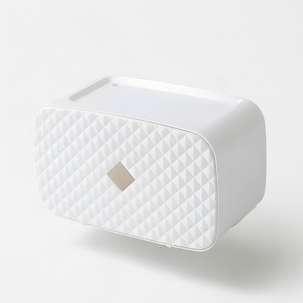 Modern wall mount toilet paper dispenser, SafeRoller model with shelf for bathroom storage.