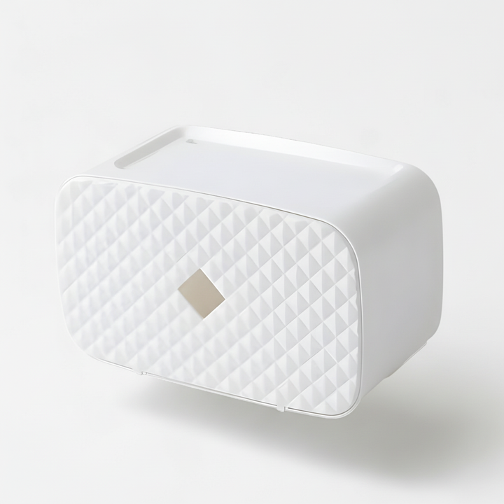 Modern wall mount toilet paper dispenser, SafeRoller model with shelf for bathroom storage.