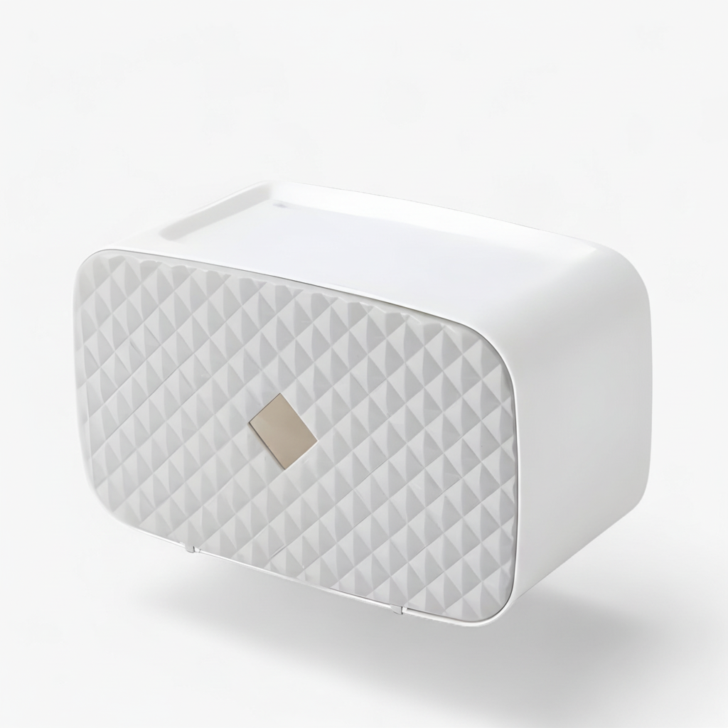 Unisex waterproof toilet paper dispenser with flat top shelf, a practical bathroom accessory.
