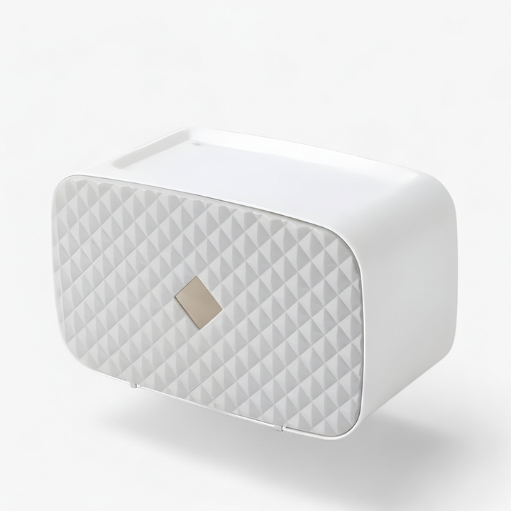Unisex waterproof toilet paper dispenser with flat top shelf, a practical bathroom accessory.