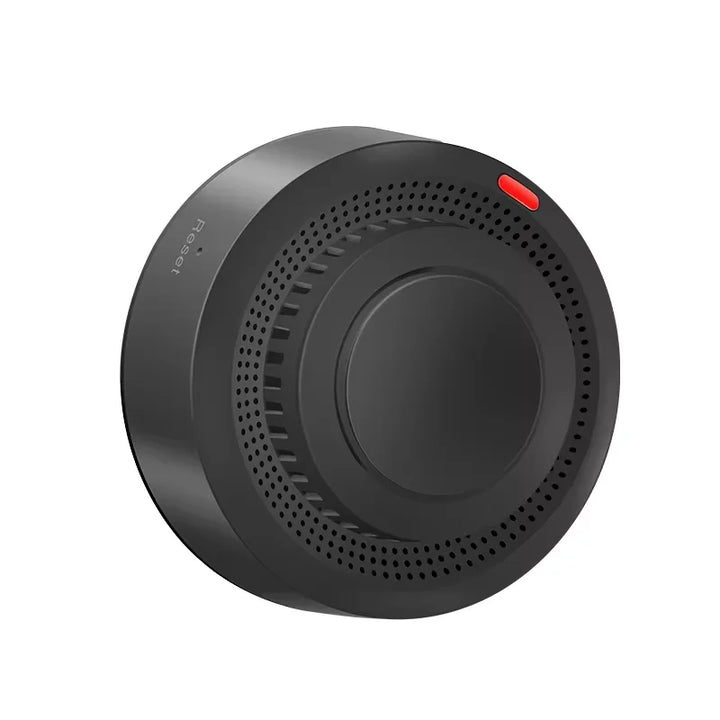 SafeSense Smart WiFi Smoke Detector Fire Alarm mounted on a white ceiling, blending seamlessly into home.