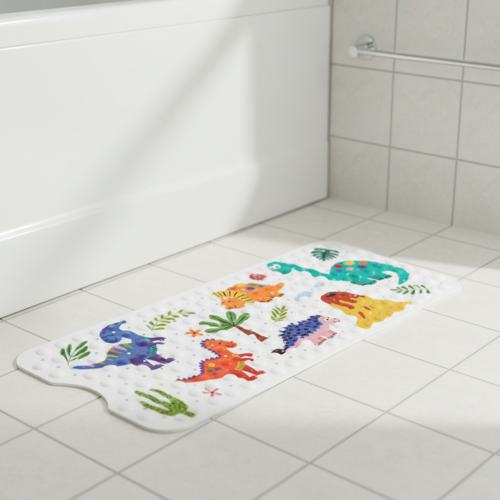 SafeSplash children's anti-slip shower mat with strong suction cups, cartoon design, for bathtub safety.