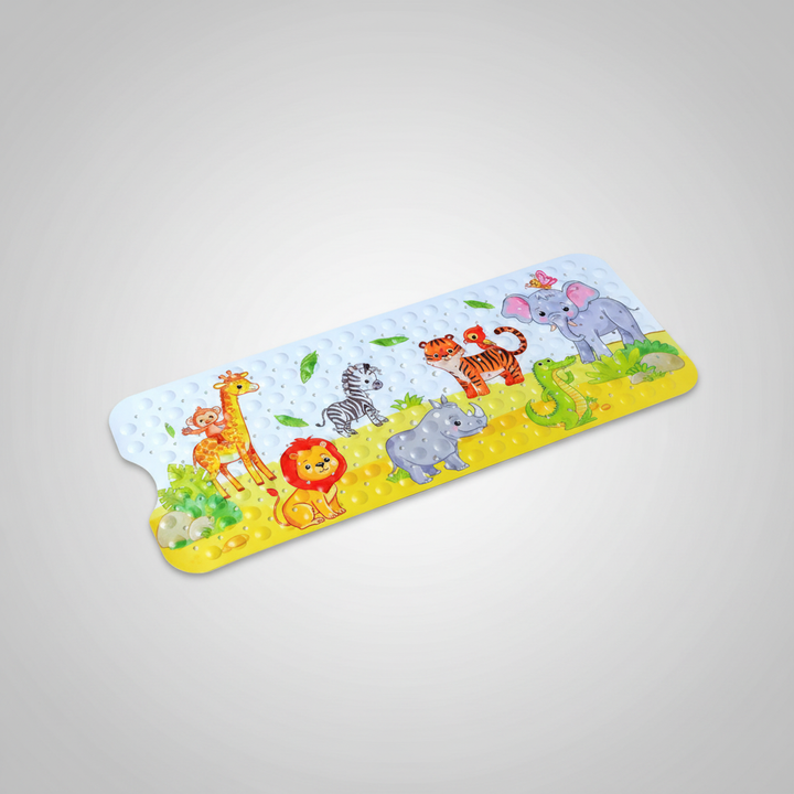 Cartoon character design on a non-slip PVC shower mat for children, secured by multiple suction cups.