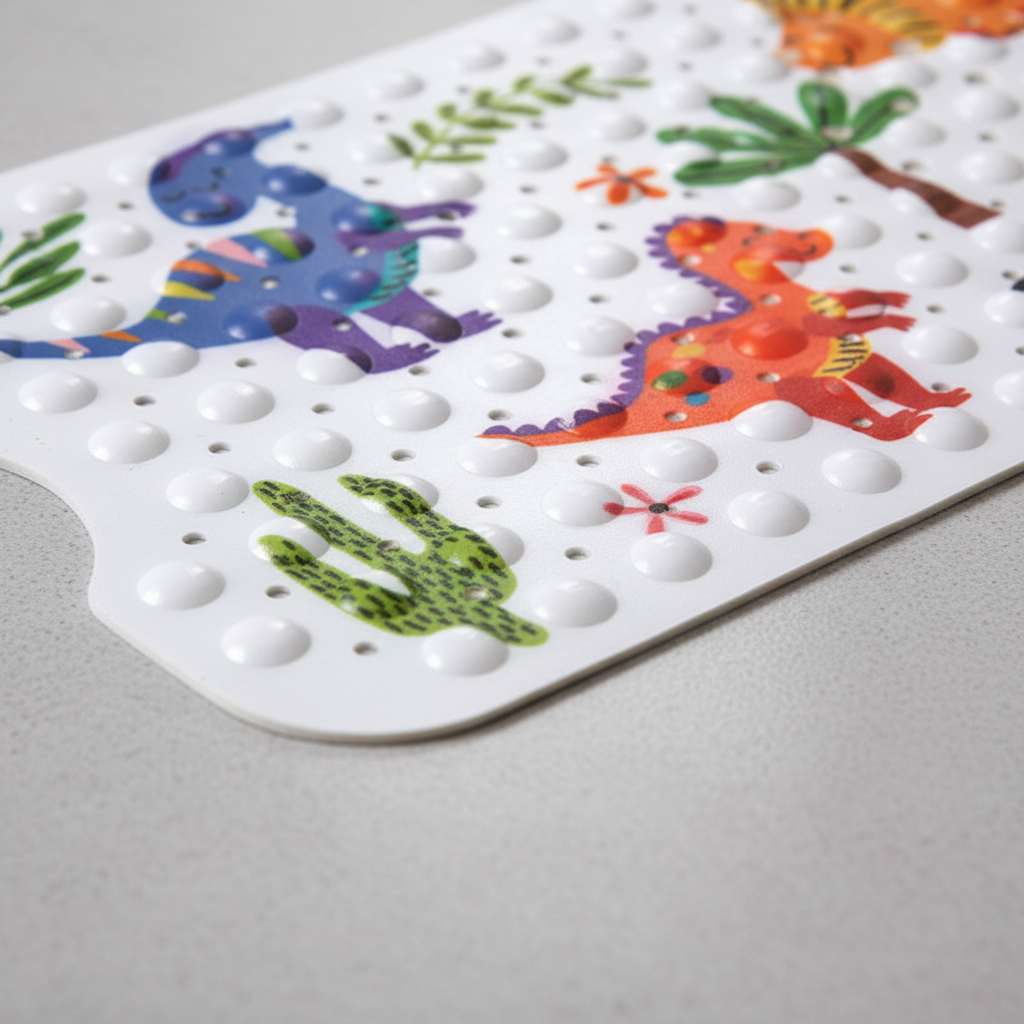 Child's feet safely on a non-slip PVC shower mat with vibrant cartoon illustrations for fun bathing.