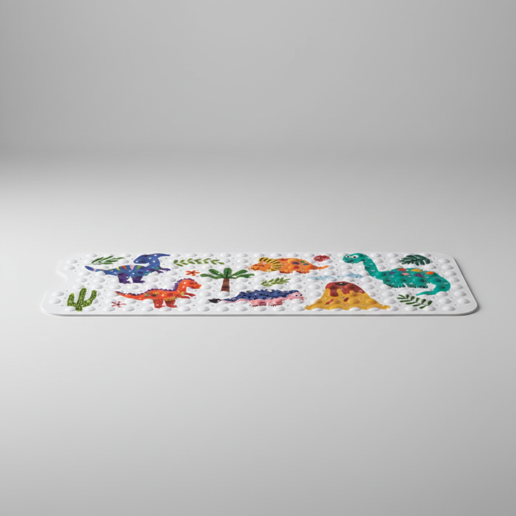 SafeSplash anti-slip bath mat in a shower, providing secure footing for children with its strong suction cups.