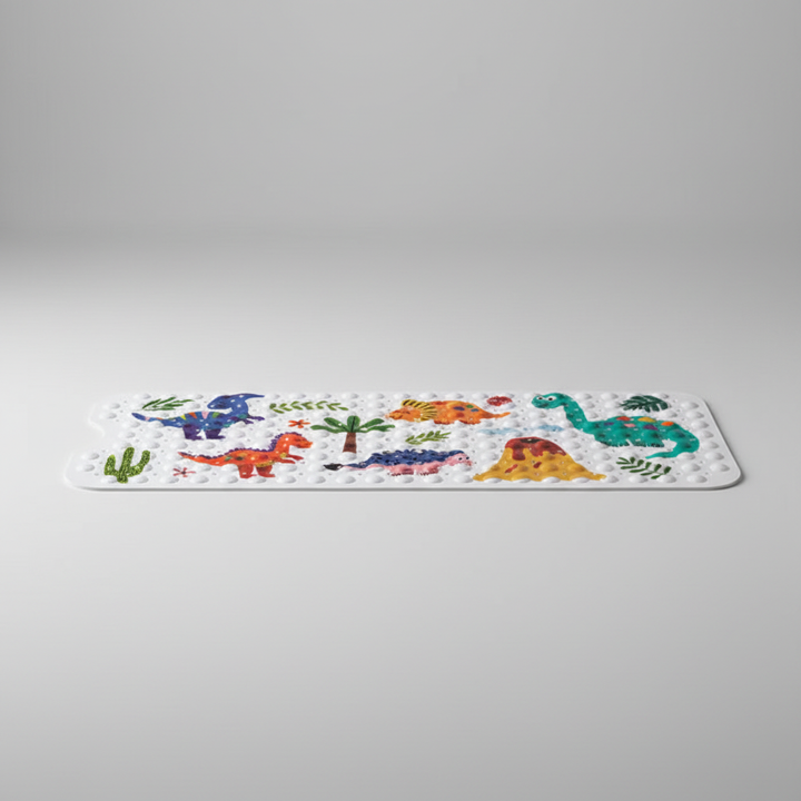 SafeSplash anti-slip bath mat in a shower, providing secure footing for children with its strong suction cups.
