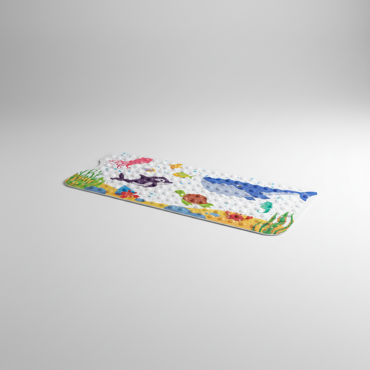 Overhead view of a cheerful cartoon-themed children's anti-slip shower mat, perfect for bathtub safety.