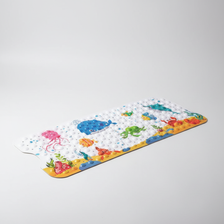 Durable PVC anti-slip shower mat for kids, featuring a fun animal cartoon design and reliable suction cups.