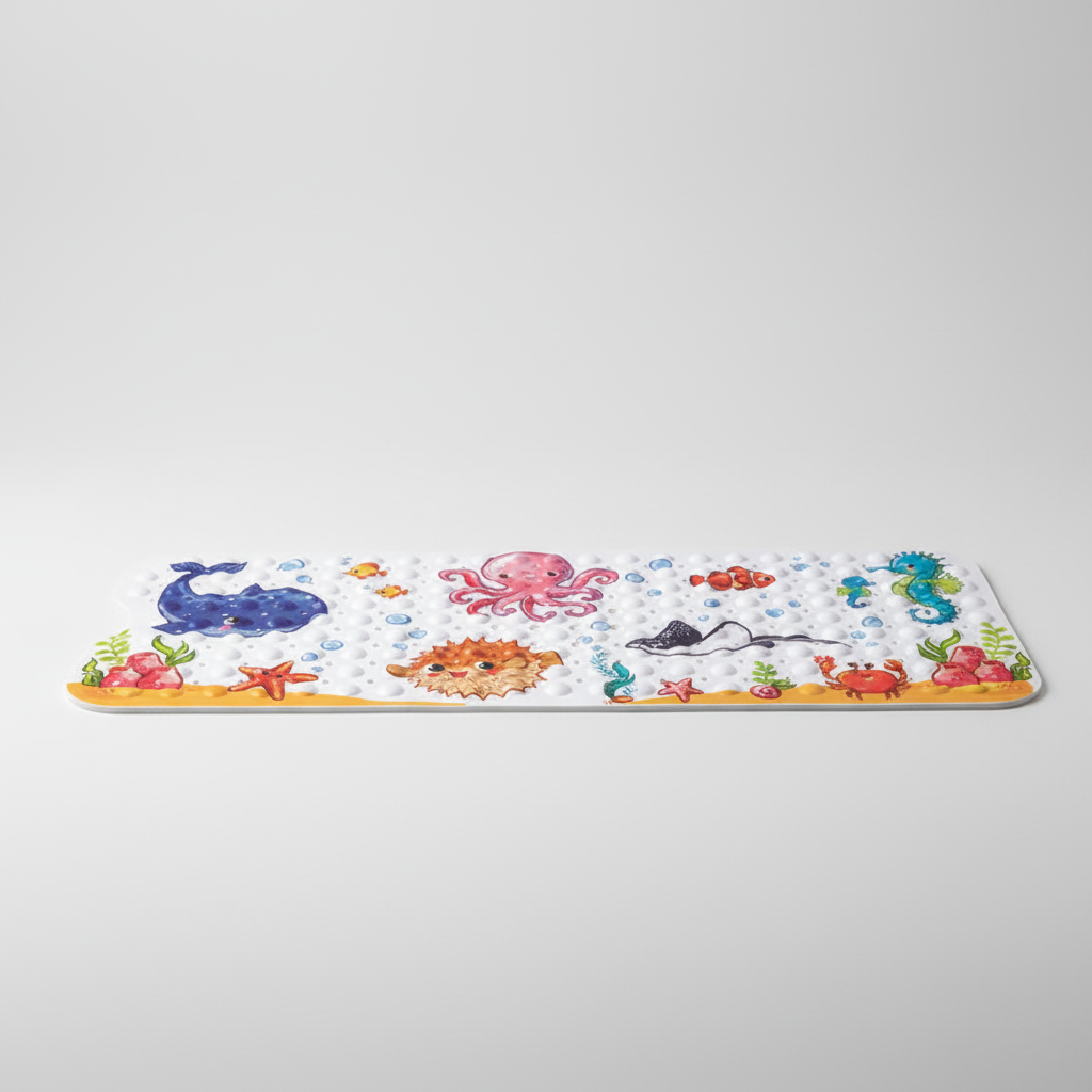 Kids' bathtub safety mat: SafeSplash anti-slip shower mat with effective suction cups and playful cartoons.