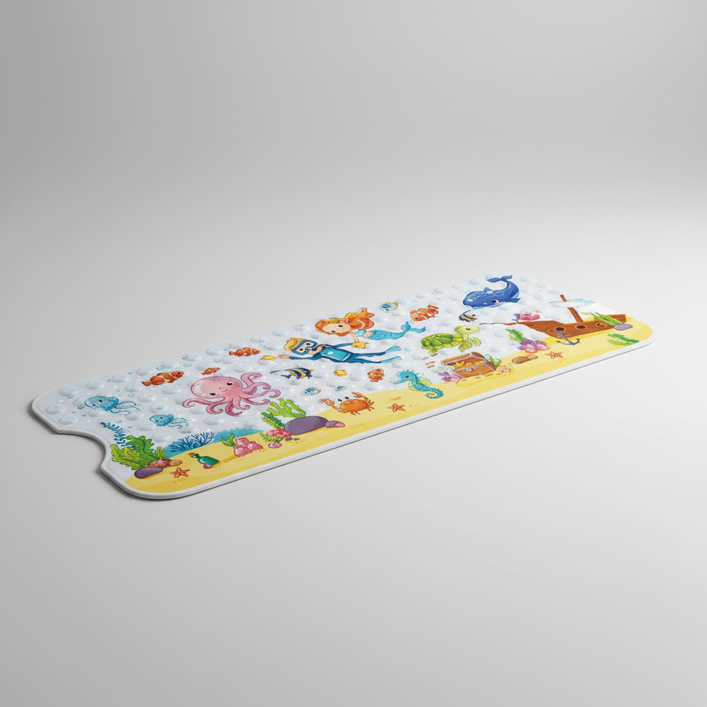 Detail of the textured surface of the SafeSplash anti-slip shower mat, enhancing grip for children's safety.