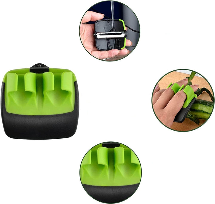 Ergonomic stainless steel safety peeler for vegetables & fruits, includes a protective finger guard.