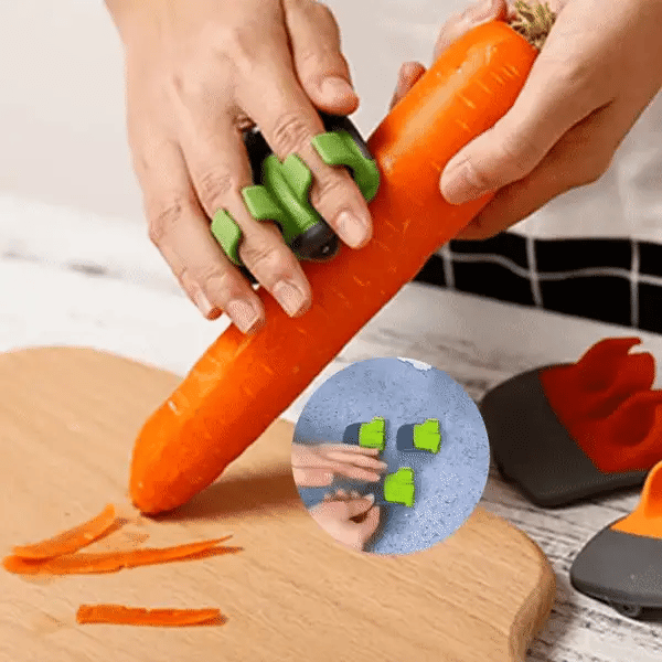 Ergonomic kitchen peeler with protective finger guard, stainless steel blade for easy vegetable peeling.