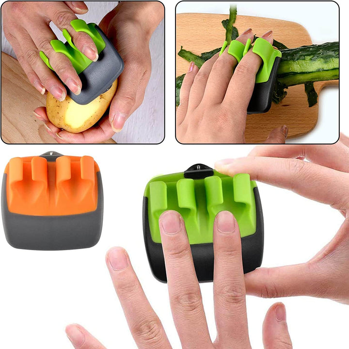 Protective vegetable peeler in action, showing safe peeling technique with its innovative finger guard.