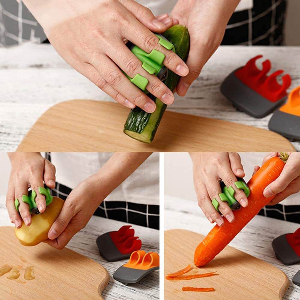 Compact protective vegetable peeler with a comfortable handle and integrated finger guard for kitchen safety.