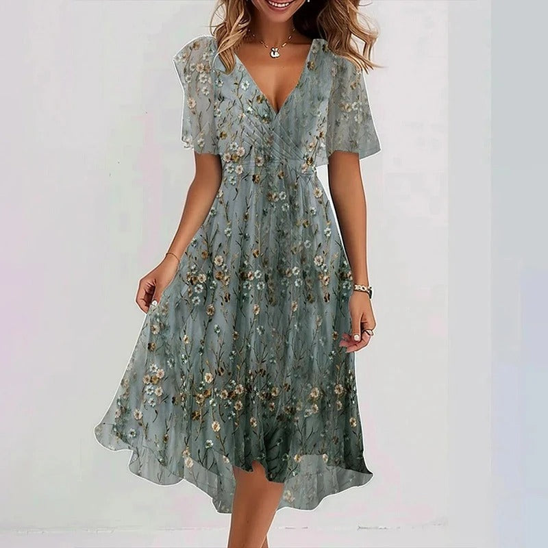Floral print V-neck wrap midi dress for women, with flattering flutter sleeves and a delicate ruffle hem.