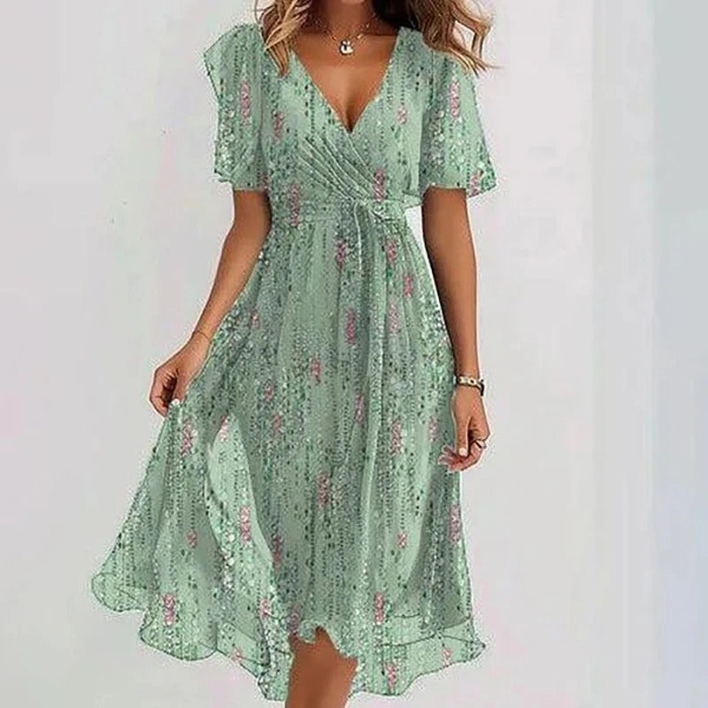 Ocean blue wrap V-neck midi dress for women, with flutter sleeves & a graceful ruffle hem. Casual or occasion wear.