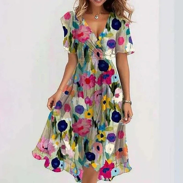 Stylish women's wrap V-neck midi dress with elegant flutter sleeves and a chic ruffled hem detail.