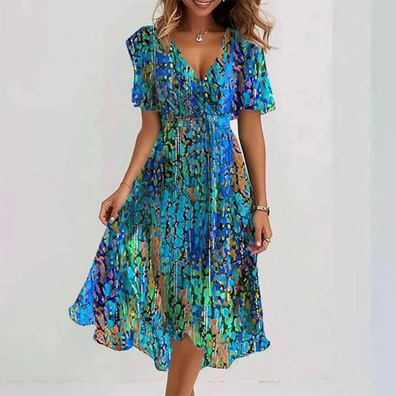 Ocean blue women's flutter sleeve wrap midi dress, V-neck, perfect for summer events and casual elegance.