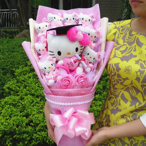 Charming Sanrio Kitty character plush flower bouquet, a unique and lasting gift for any occasion.