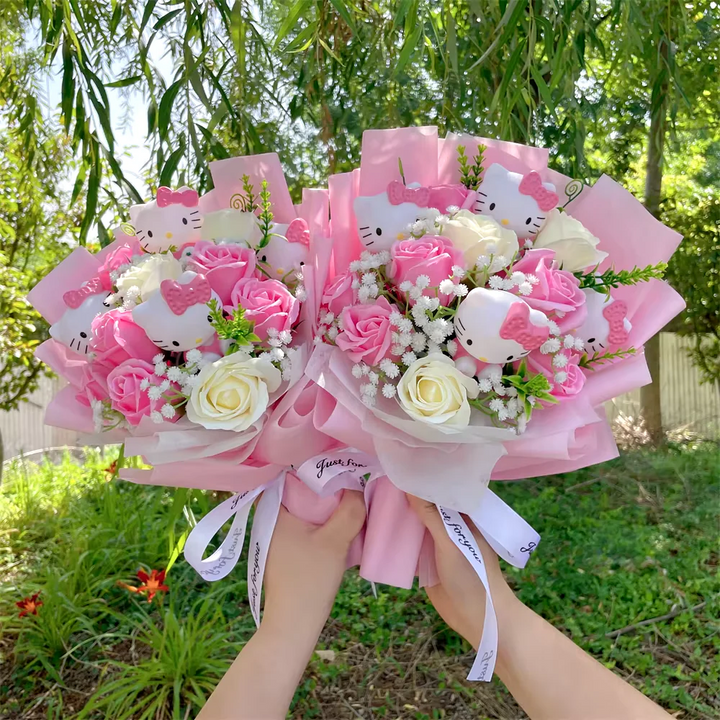 Cute Sanrio Kitty plush characters arranged in a vibrant flower bouquet, a special and collectible gift.