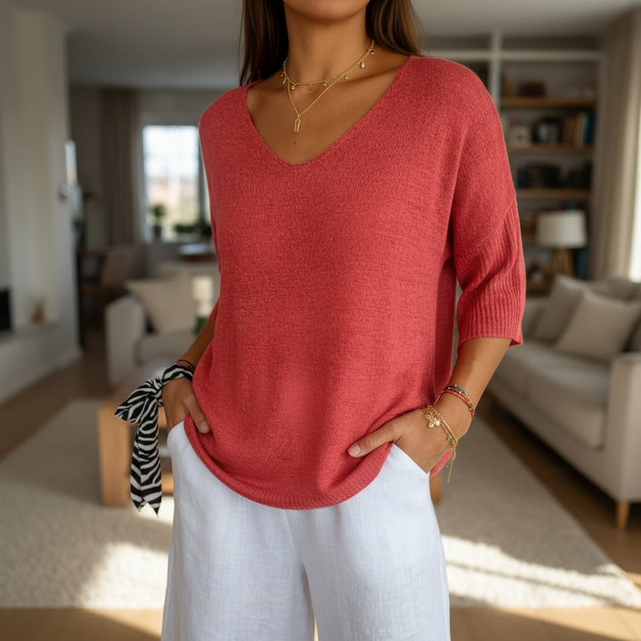 Sapphira women's lightweight V-neck knit top, casual cotton blend loose fit for summer