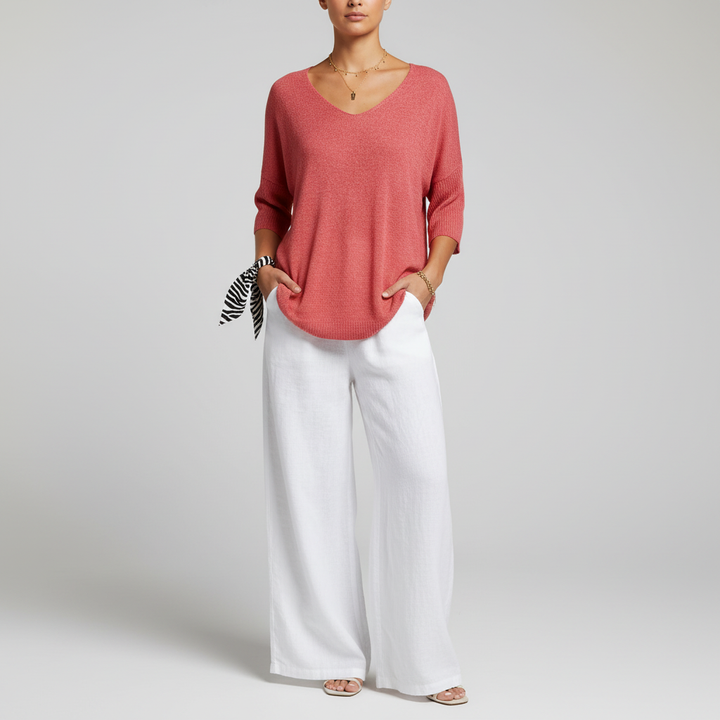 Close-up of Sapphira V-neck knit top texture, breathable cotton blend, ideal for spring
