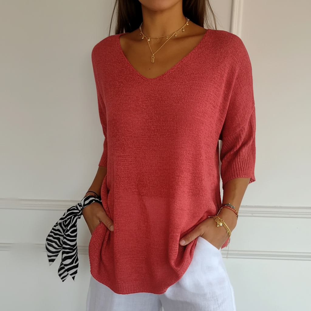 Front view of Sapphira V-neck knit top, loose fit design, comfortable cotton blend
