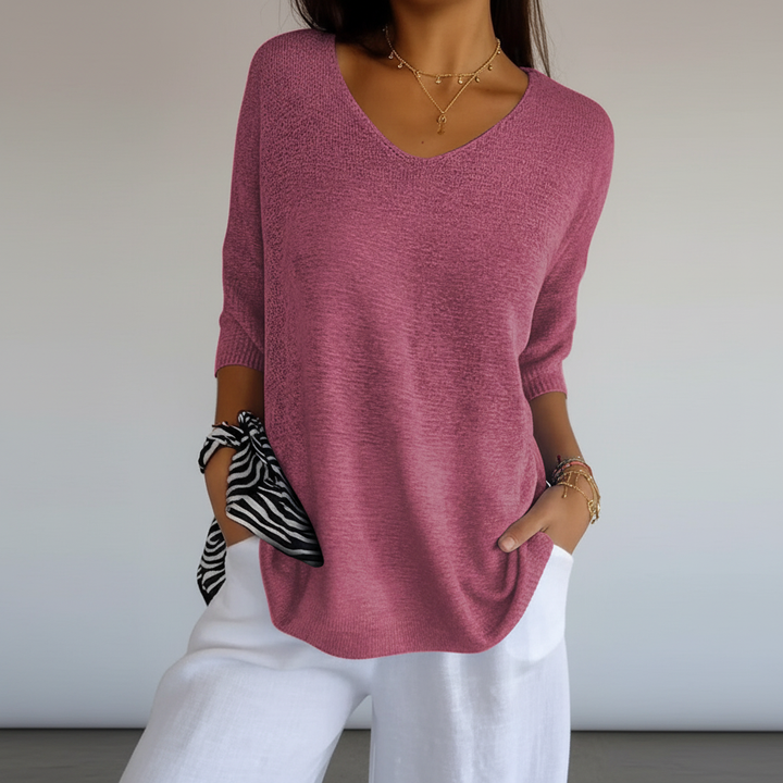 Detail of the V-neckline on Sapphira women's knit top, soft cotton blend fabric