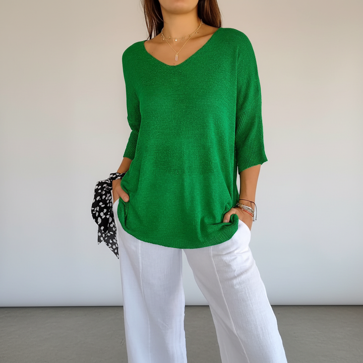 Sapphira women's loose fit V-neck knit top, essential casual summer and spring top