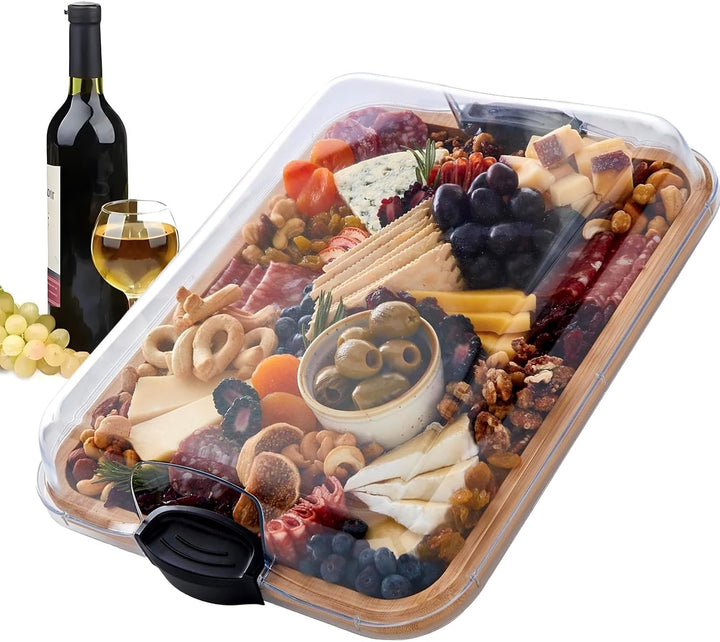 Savorya Bamboo Charcuterie Serving Board with Clear Locking Lid, perfect for outdoor picnics and food display